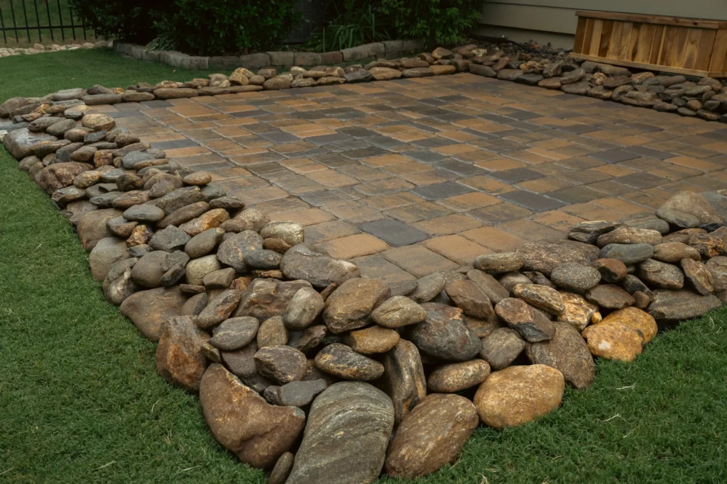 Paver pad with decorative river rock border — Clover SC — Hortus Lawn Care Charlotte NC